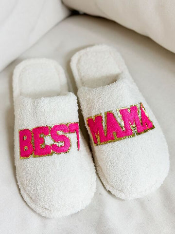 Best Mama Embroidered Fuzzy Slippers