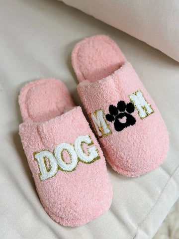 Dog Mom Embroidered Fuzzy Slippers