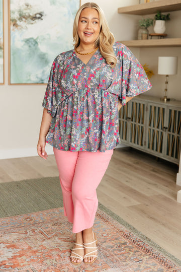 Dreamer Peplum Top in Grey and Pink Floral