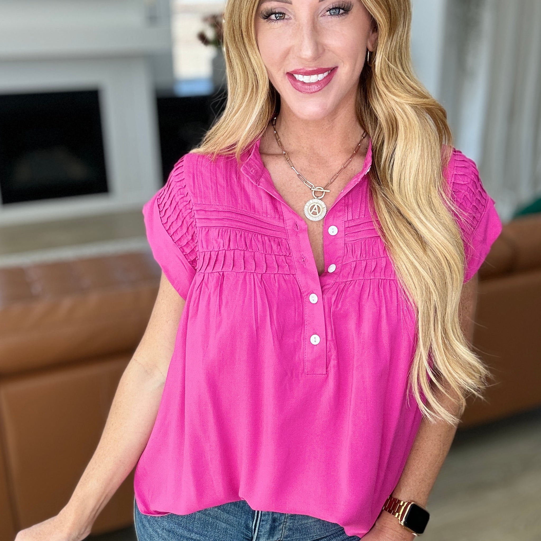 Pleat Detail Button Up Blouse in Hot Pink