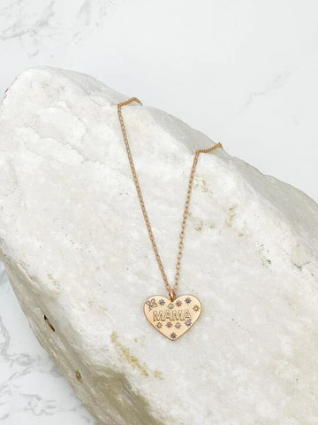 Mama Gold Rhinestone Heart Necklace