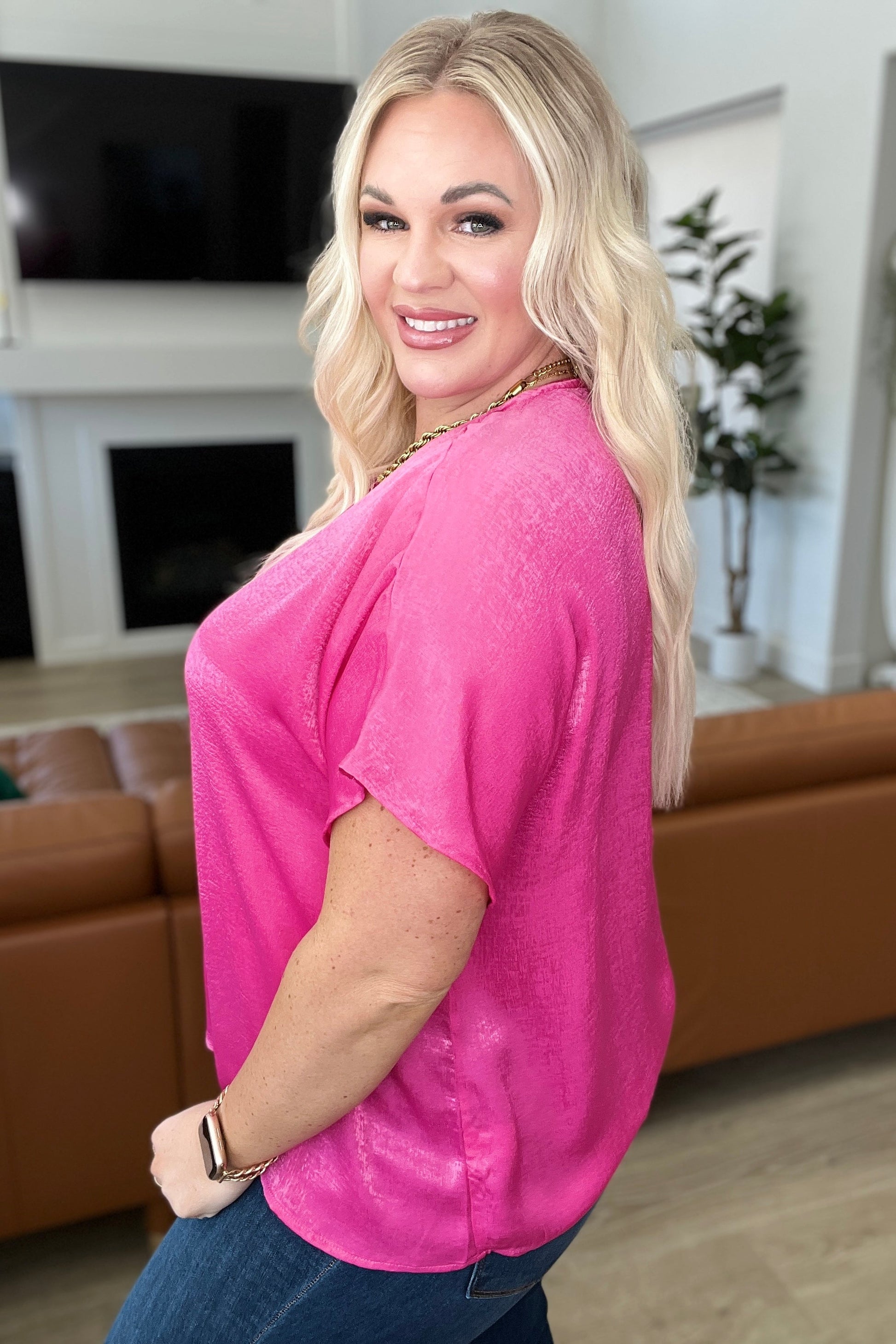 Pleat Front V - Neck Top in Hot Pink - Tops