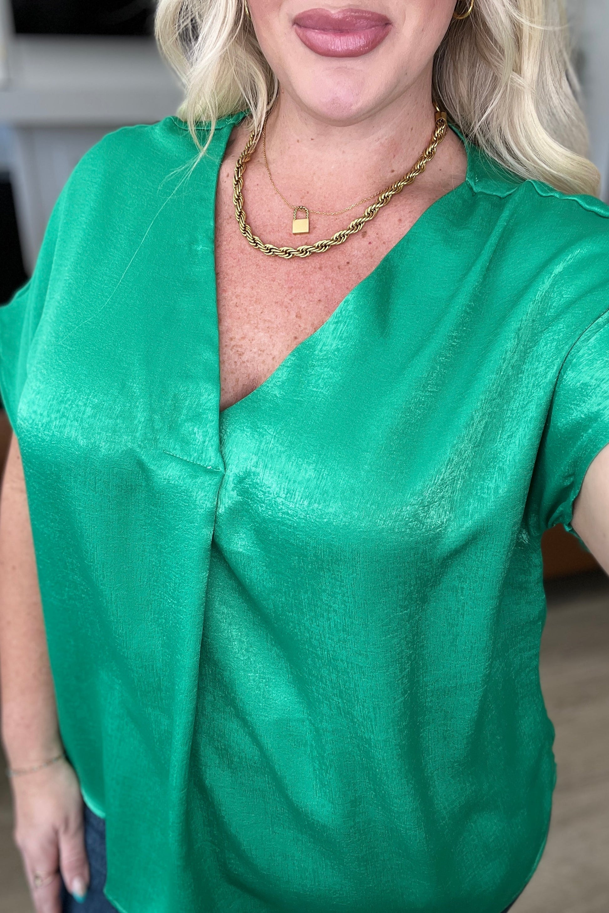 Pleat Front V - Neck Top in Kelly Green - Tops