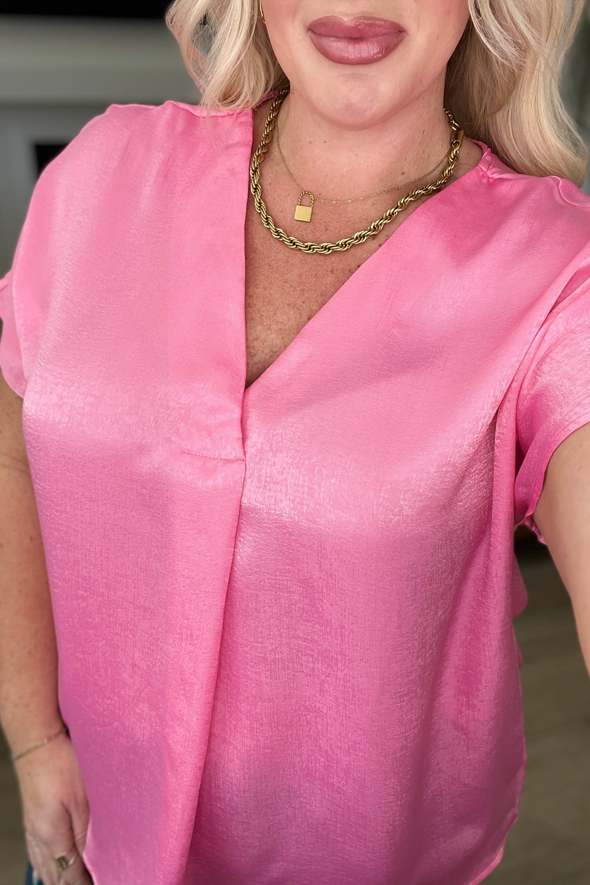 Pleat Front V - Neck Top in Pink Cosmos - Tops