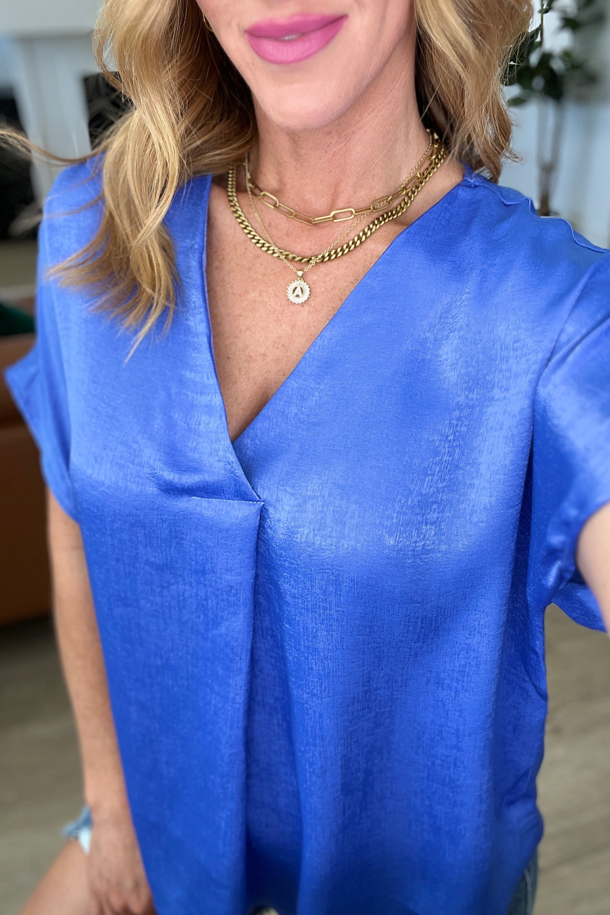 Pleat Front V - Neck Top in Royal Blue - Tops