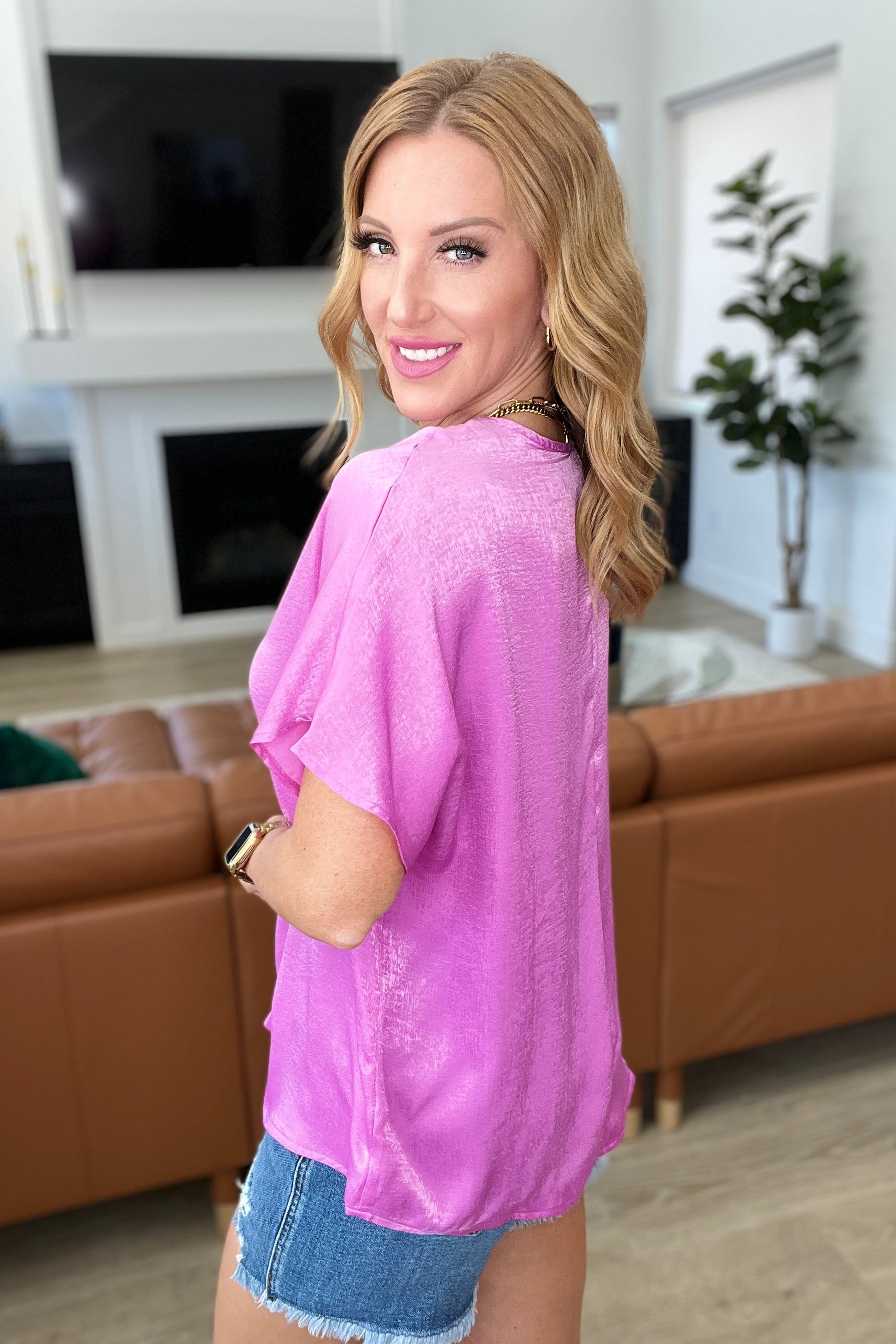 Pleat Front V - Neck Top in Spring Orchid - Tops