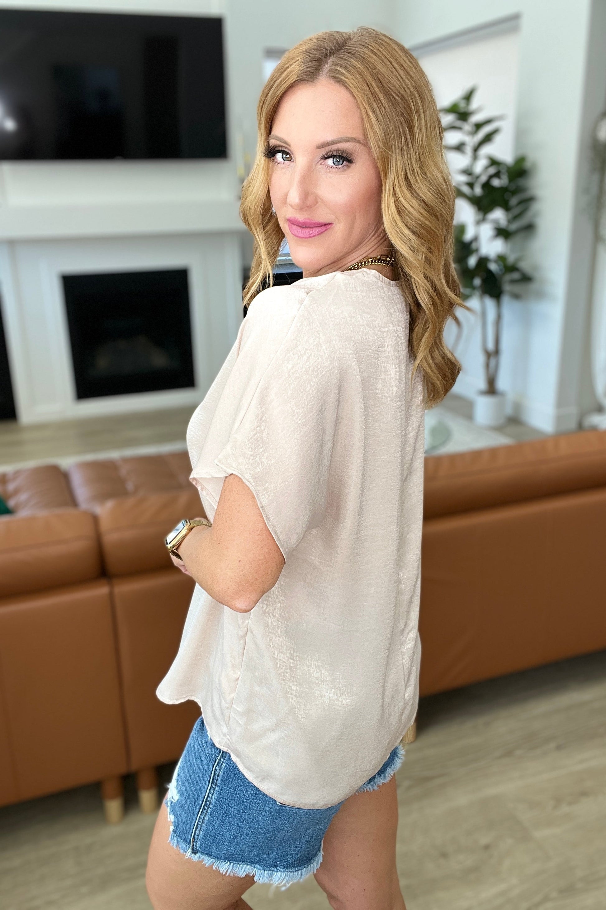 Pleat Front V - Neck Top in Taupe - Tops