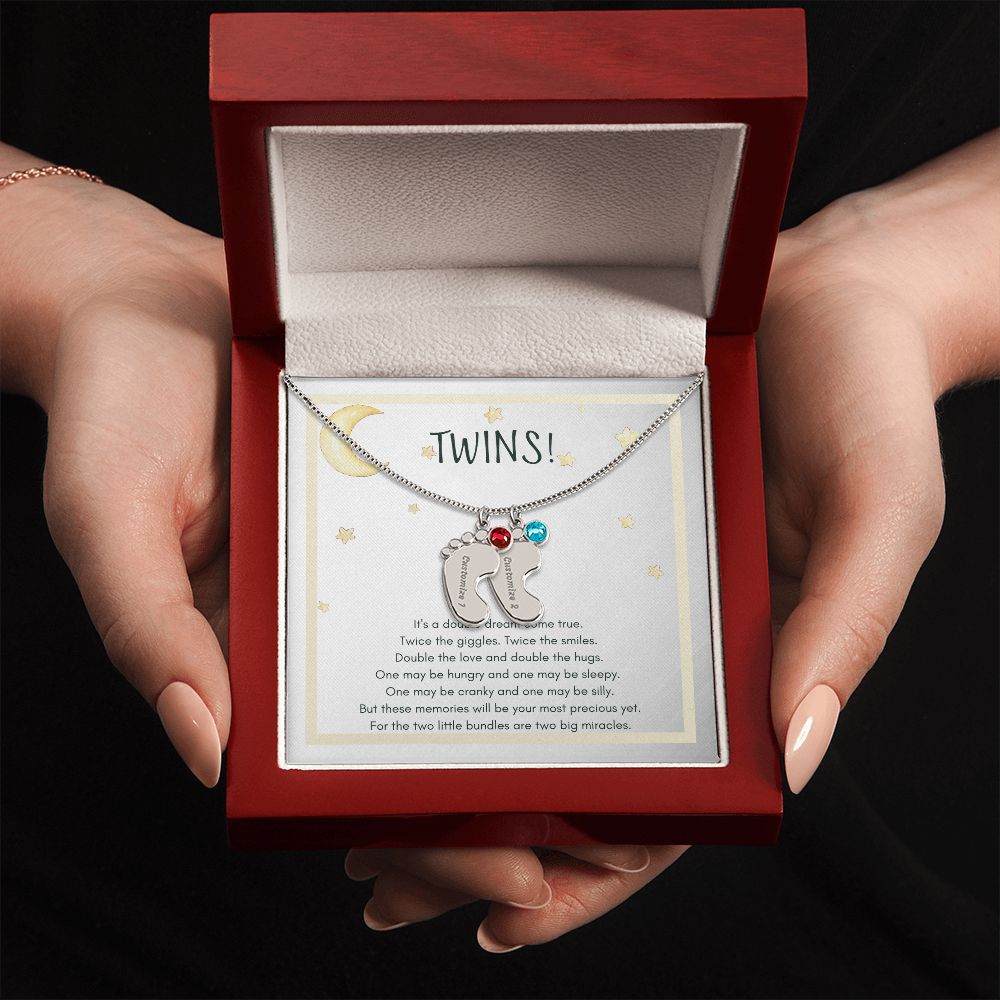 TWINS! Baby Feet Necklace - 2 Charms / Polished Stainless